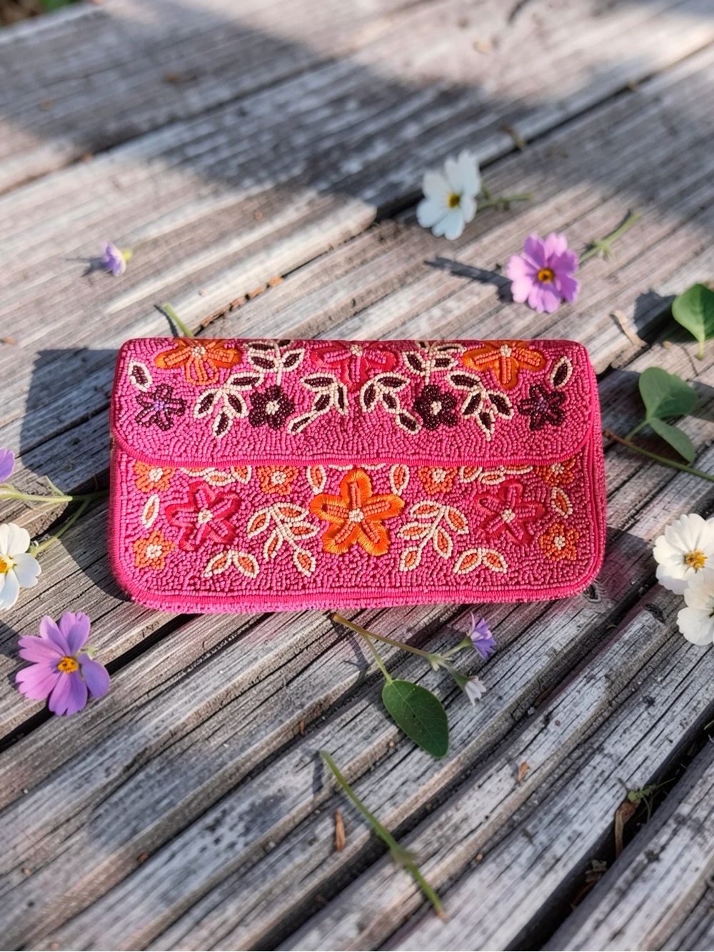 Source Unknown Pink Beaded Floral Shoulder Clutch with Orange & Purple Accents